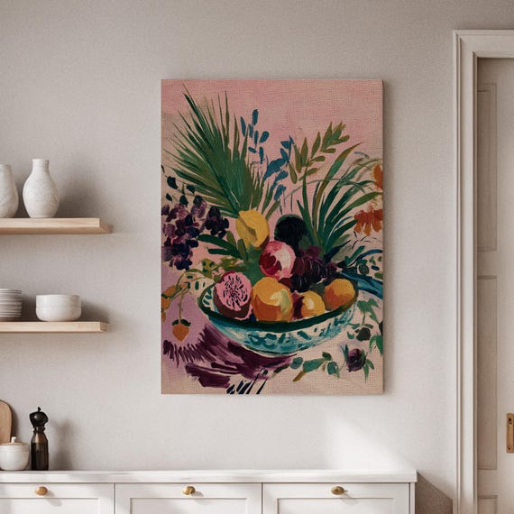 Framed Fruit Bowl Canvas Print Colorful Still Life Art Tropical Flowers Vintage Decor For Kitchen Dining Room Living