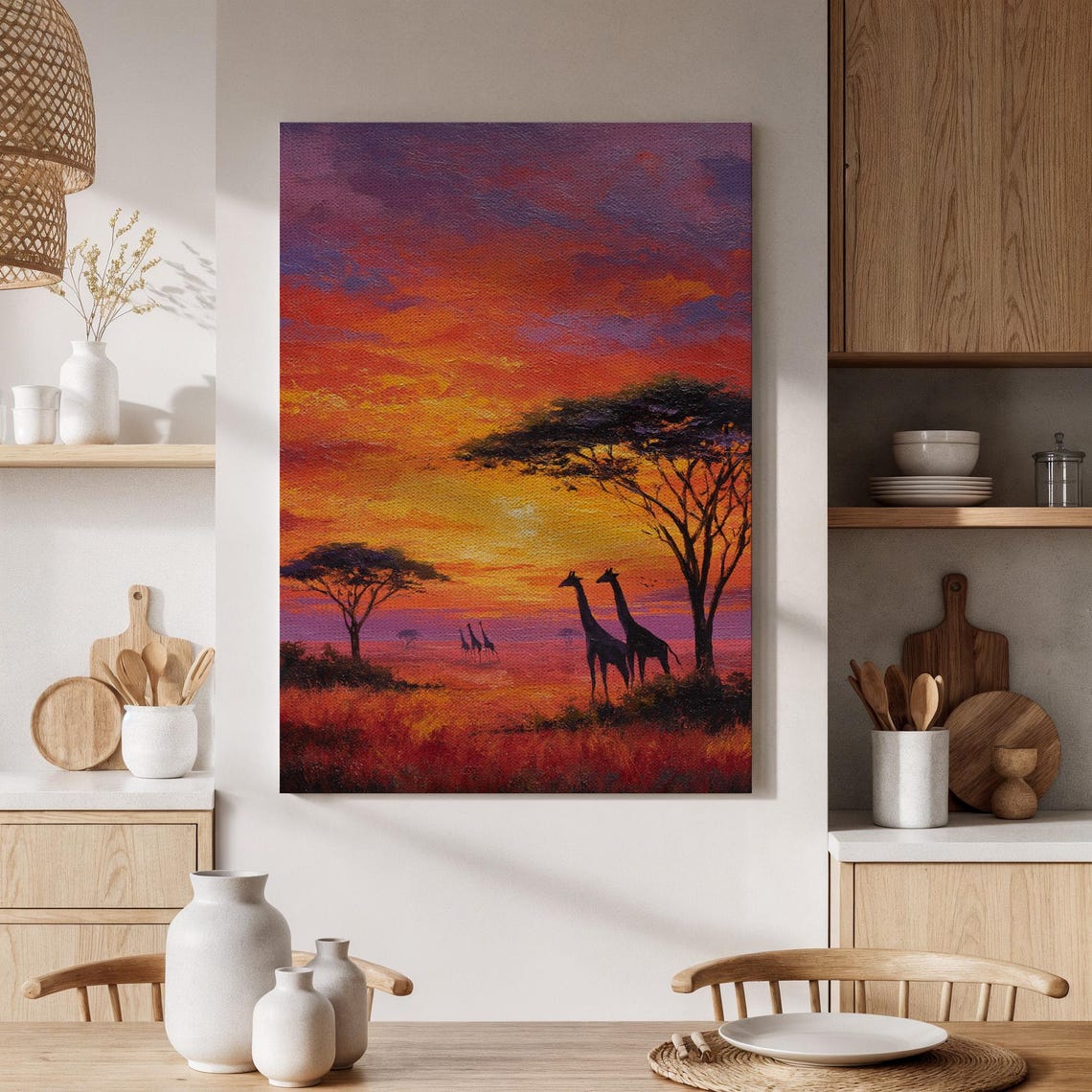 Giraffe Silhouettes African Sunset Acacia Trees Savanna Scene Poster