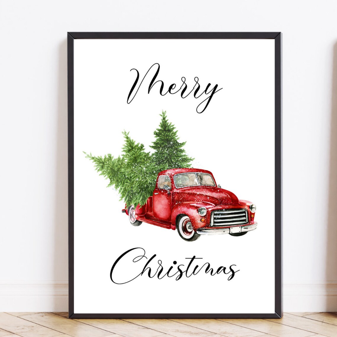 Merry Christmas Red Vintage Truck And Tree Holiday Art Poster - Image 2