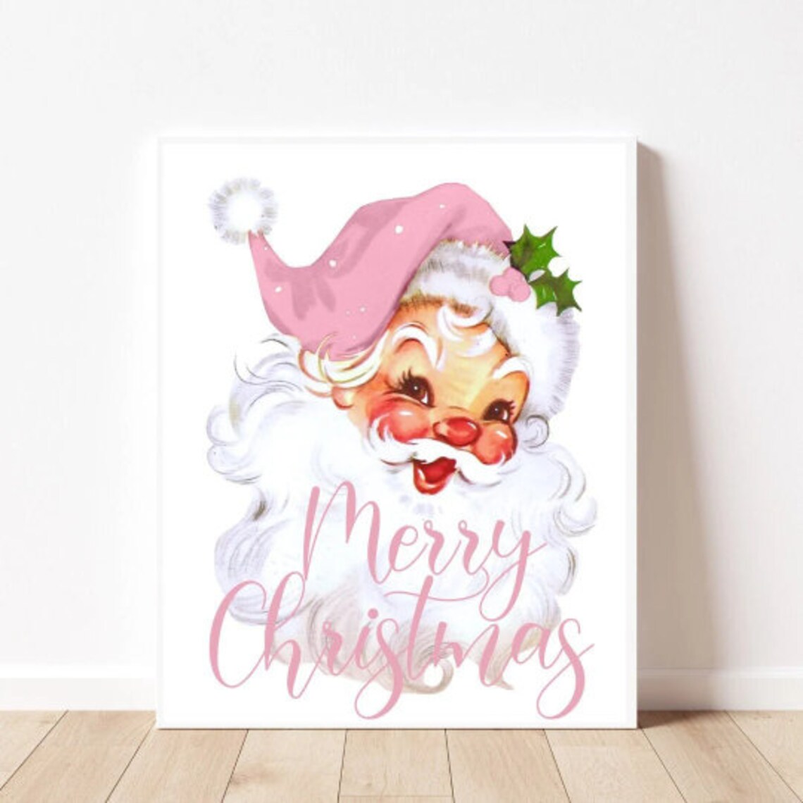 Vintage Santa Print, Pink Christmas Wall Art - Image 2