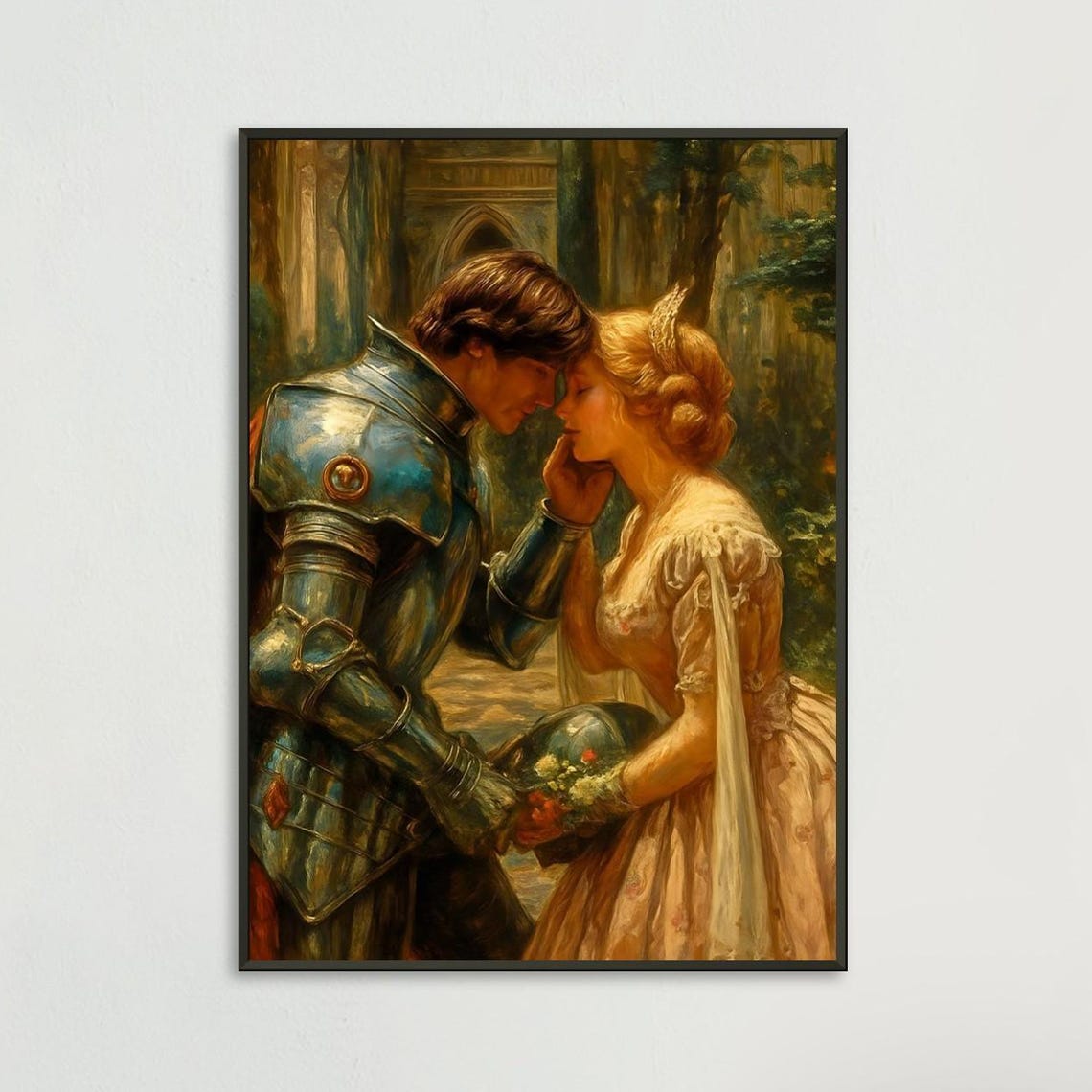 Armored Knight Embracing His Lady in Romantic Oil Art Poster