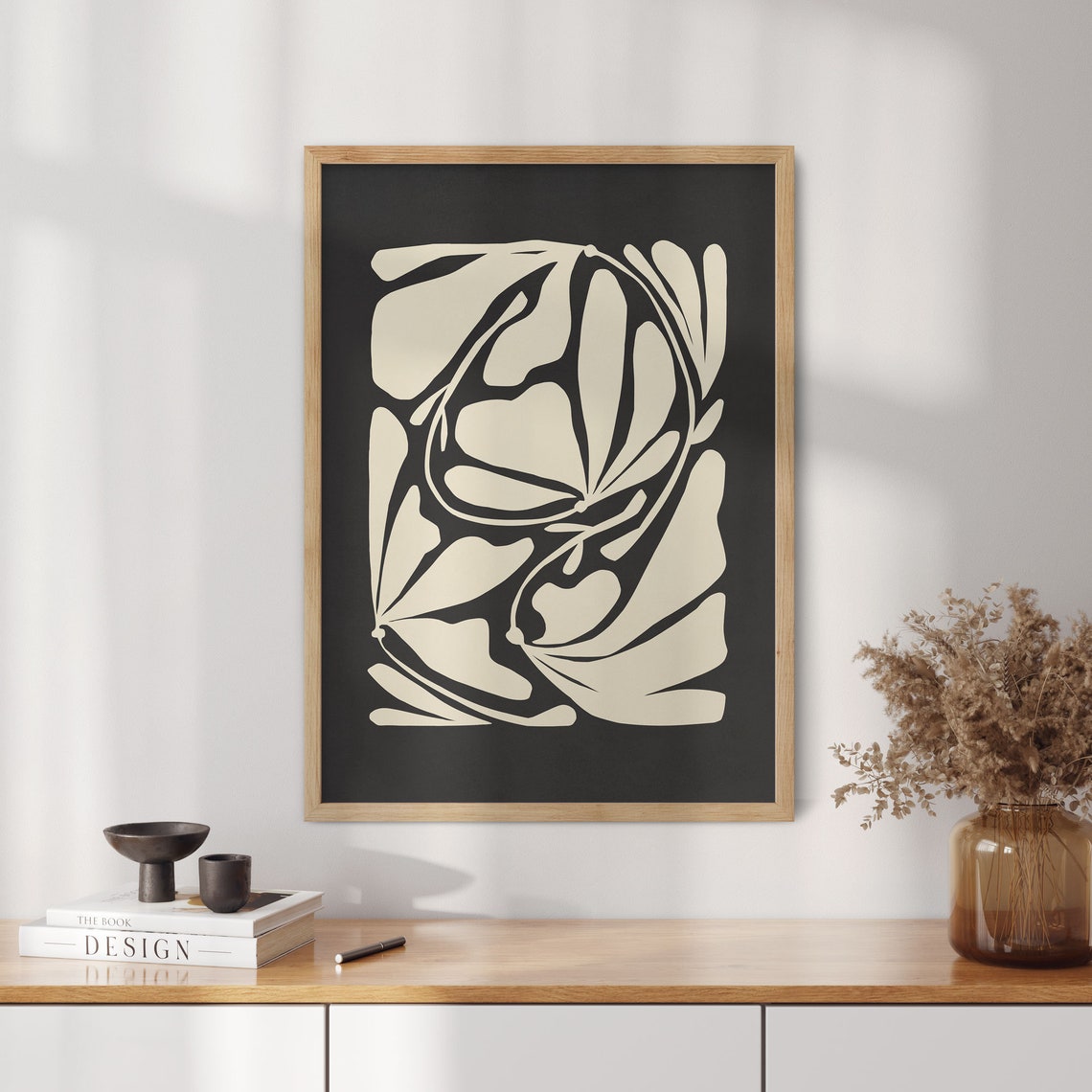 Abstract Botanical Leaf Shapes Black Cream Mid Century Modern Poster - Image 4