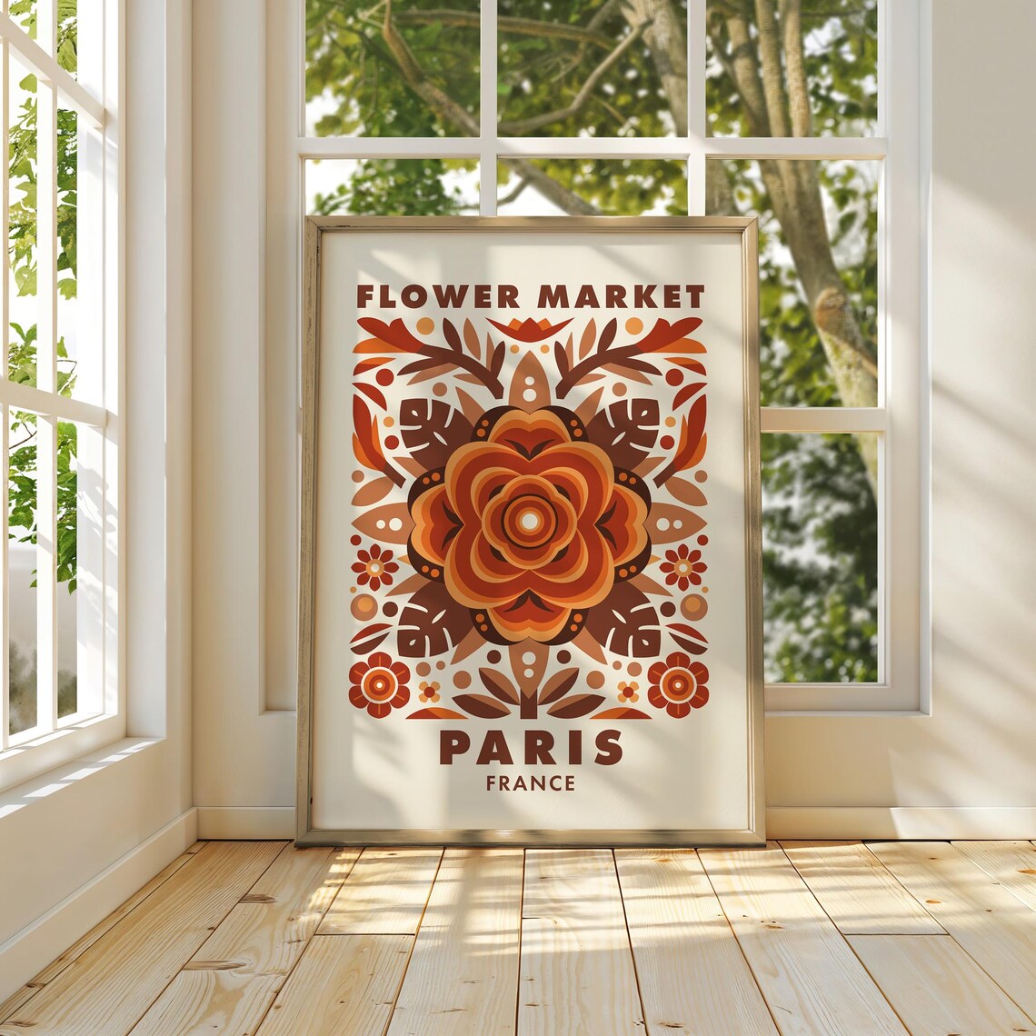 Flower Market Paris France Autumn Folk Floral Medallion Art Poster - Image 2