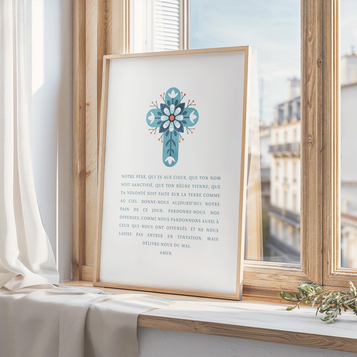 Notre Pere Our Father Prayer French Christian Folk Cross Art Poster - Image 4