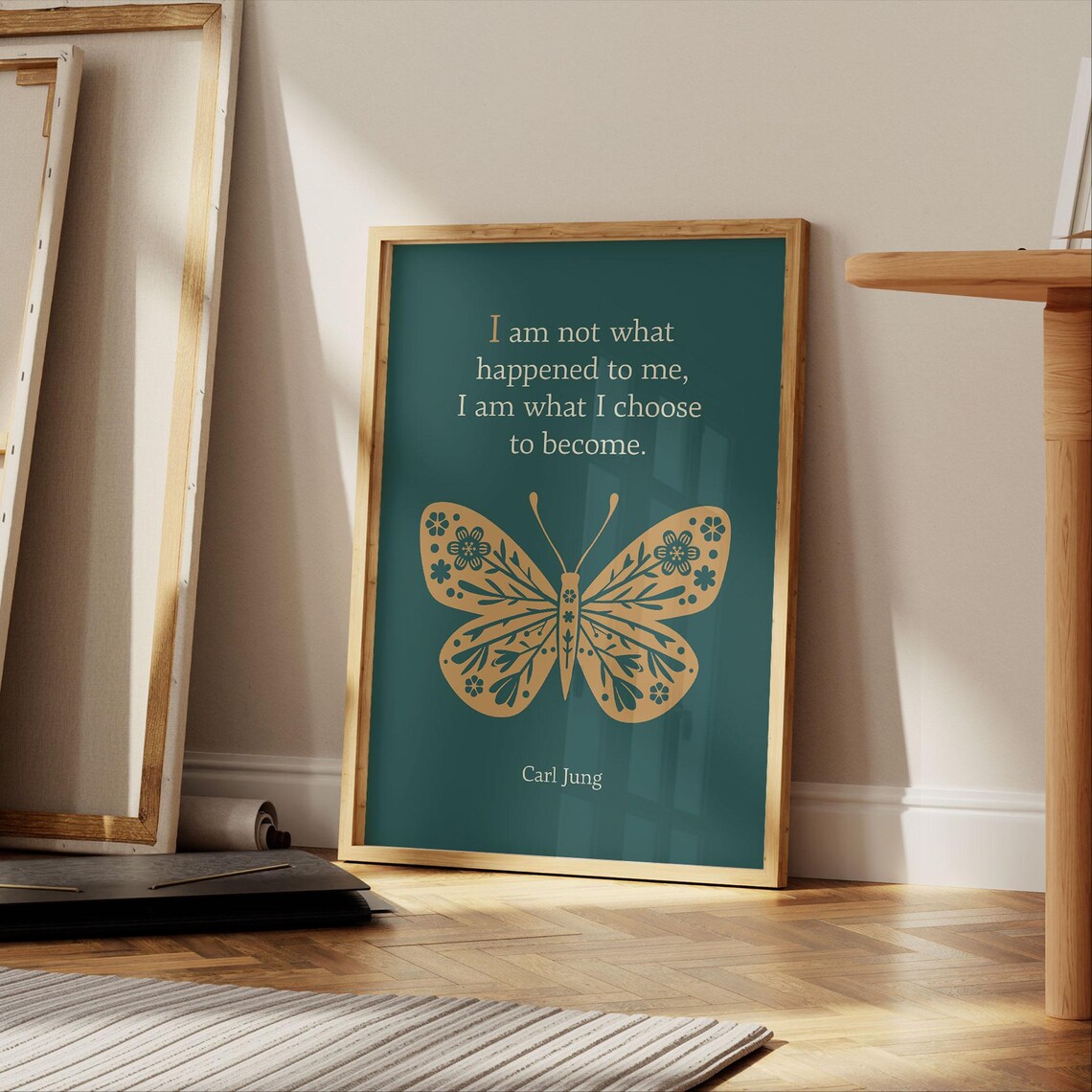 Carl Jung Become Quote Gold Butterfly Teal Therapy Office Art Poster - Image 2