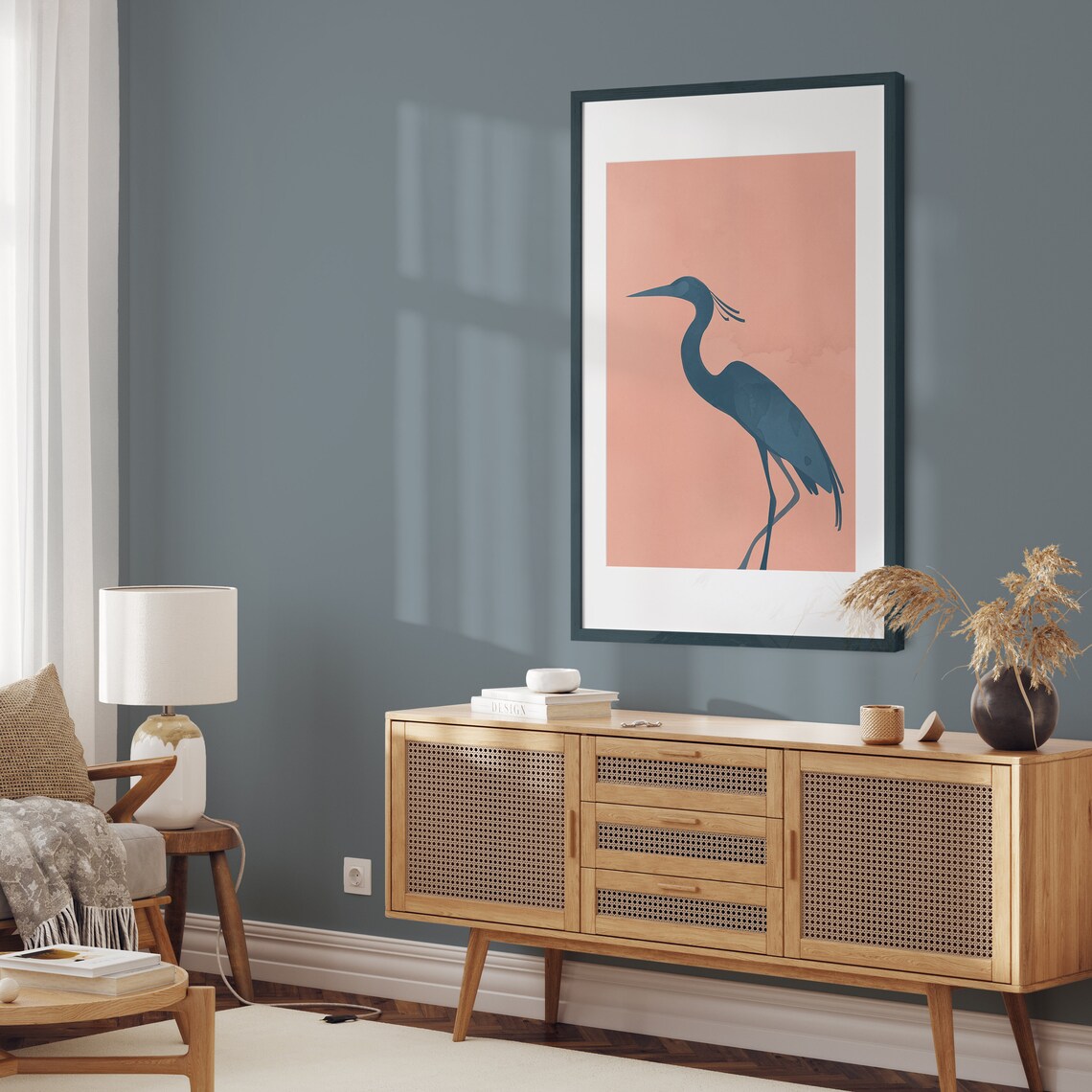 Navy Egret Heron Silhouette On Coral Minimalist Zen Bird Poster - Image 3