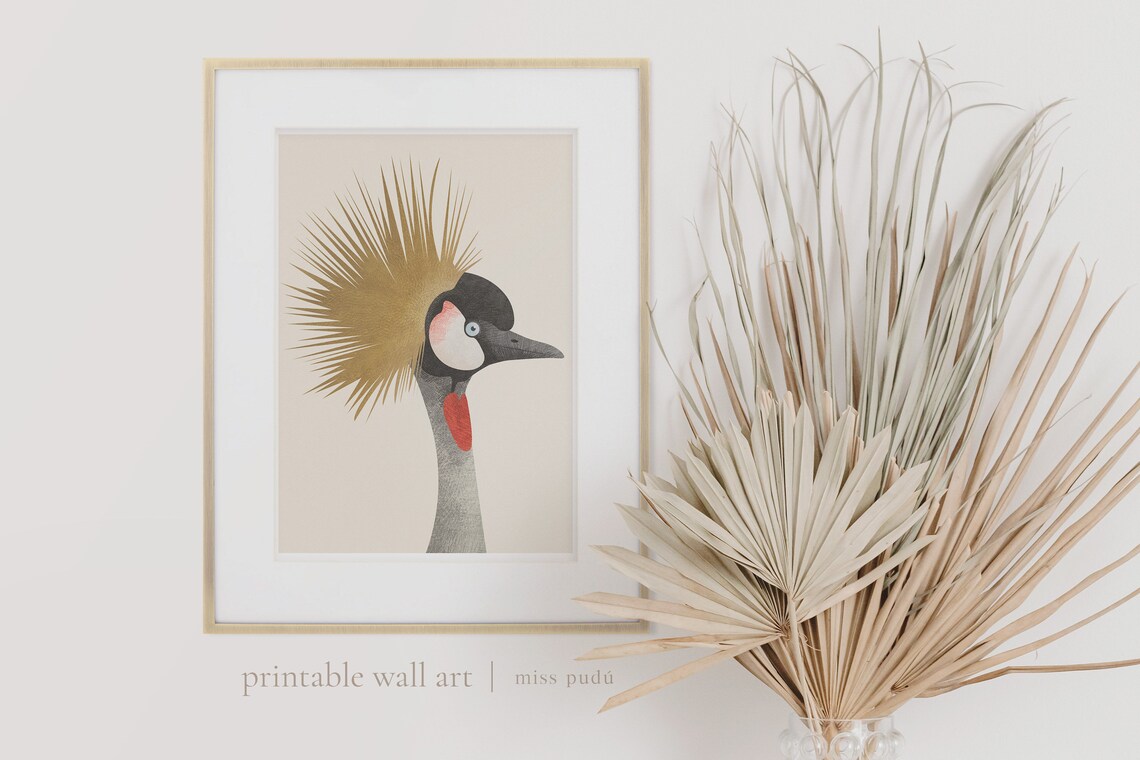Grey Crowned Crane Illustration Poster, Modern Bird Art - Image 2