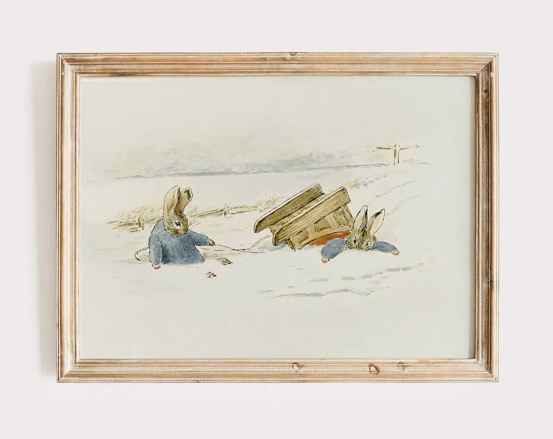 Classic Rabbits Snow Scene Vintage Storybook Illustration Poster