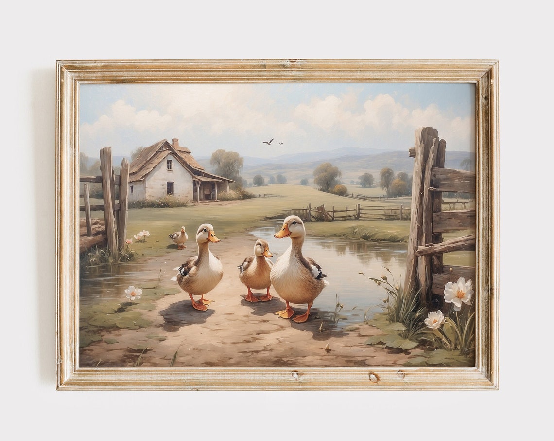 Vintage Farm Ducks Gathering By Pond Rustic Nursery Wall Poster