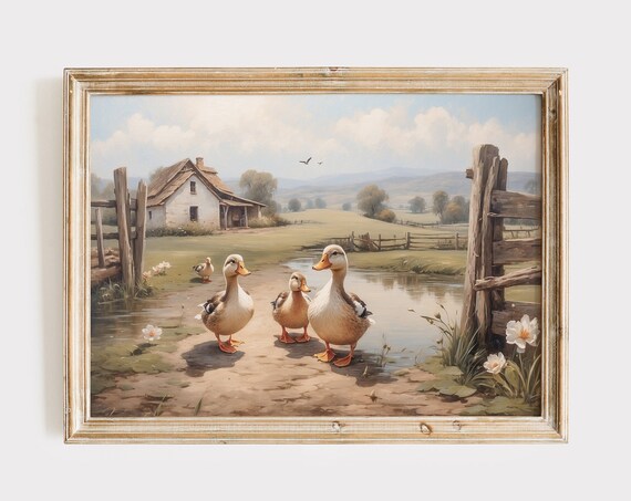 Vintage Farm Ducks Gathering By Pond Rustic Nursery Wall Poster