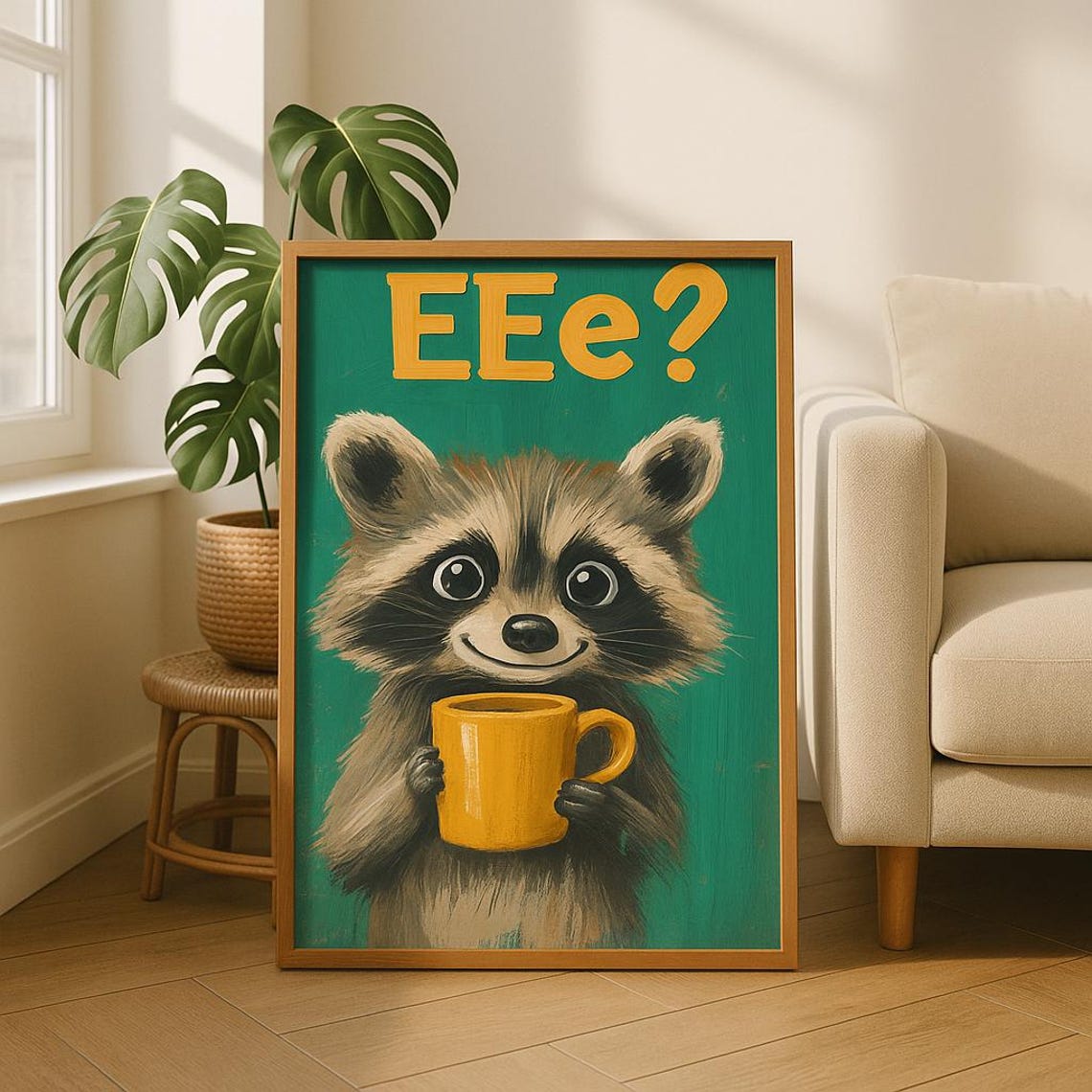 Cute Raccoon Holding Coffee Mug Poster Funny Animal Kitchen Decor