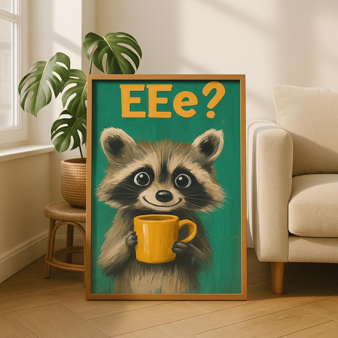 Emerald Green Raccoon Print Whimsical Animal Wall Art