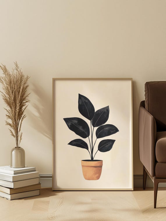 Beige Black Botanical Print Minimalist Plant Line Art 20x28