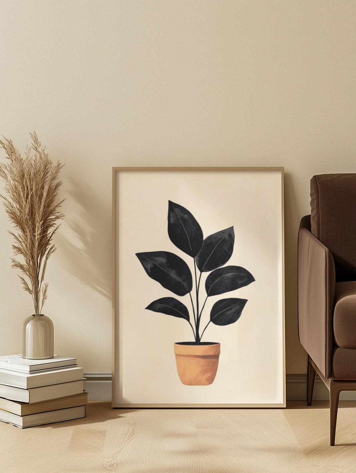 Beige Black Botanical Print Minimalist Plant Line Art 20x28