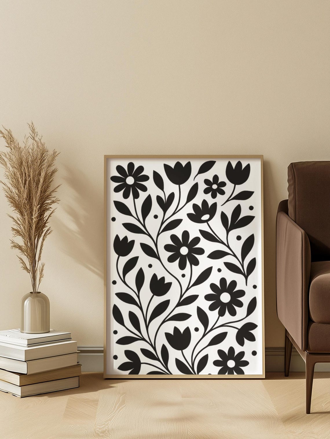 Black And Beige Floral Botanical Art Neutral Above Bed Boho Wall Decor For Modern
