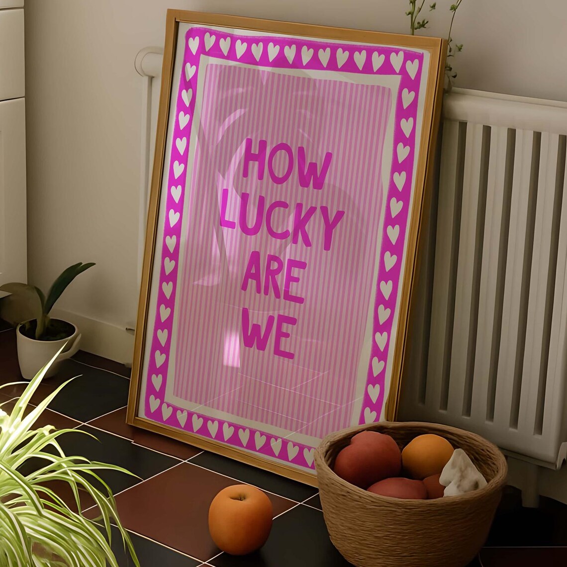 How Lucky Are We Hot Pink Heart Stripe Quote Wall Poster Art