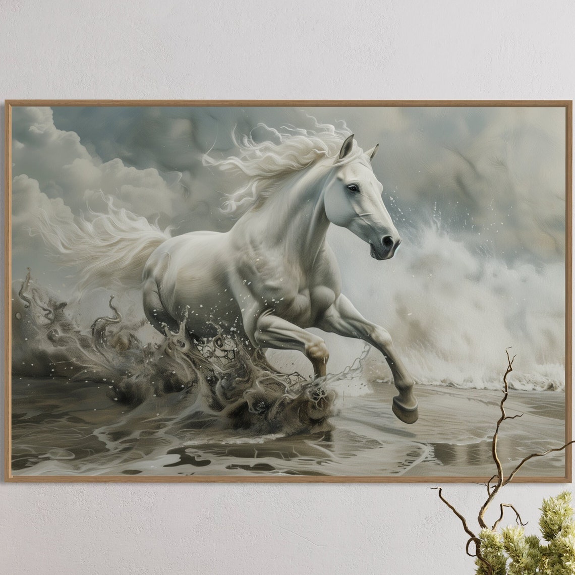 White Horse Galloping Through Ocean Waves Dramatic Sky Art Poster