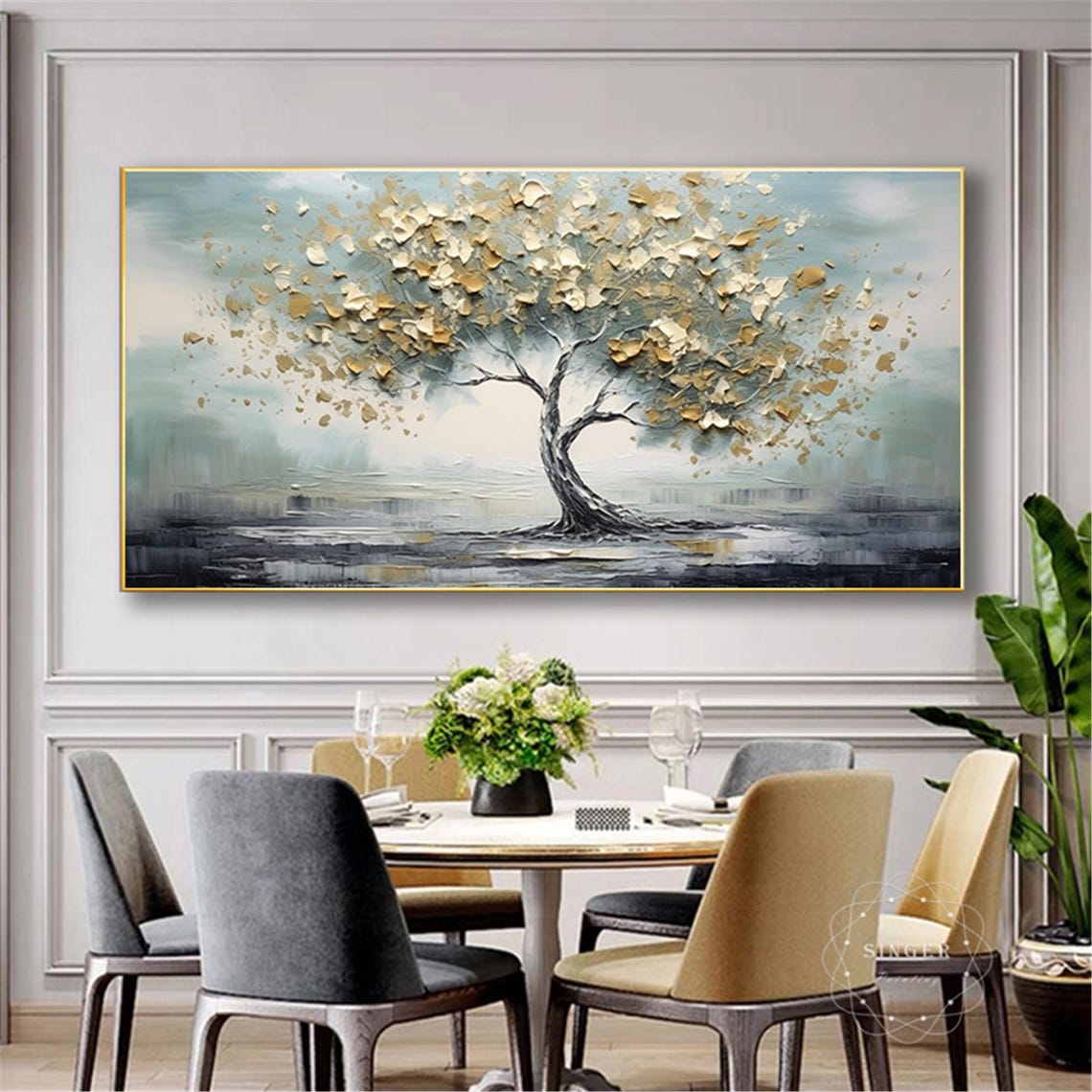 Windswept Golden Tree 3D Textured Impasto Painting Sage Sky Poster - Image 4