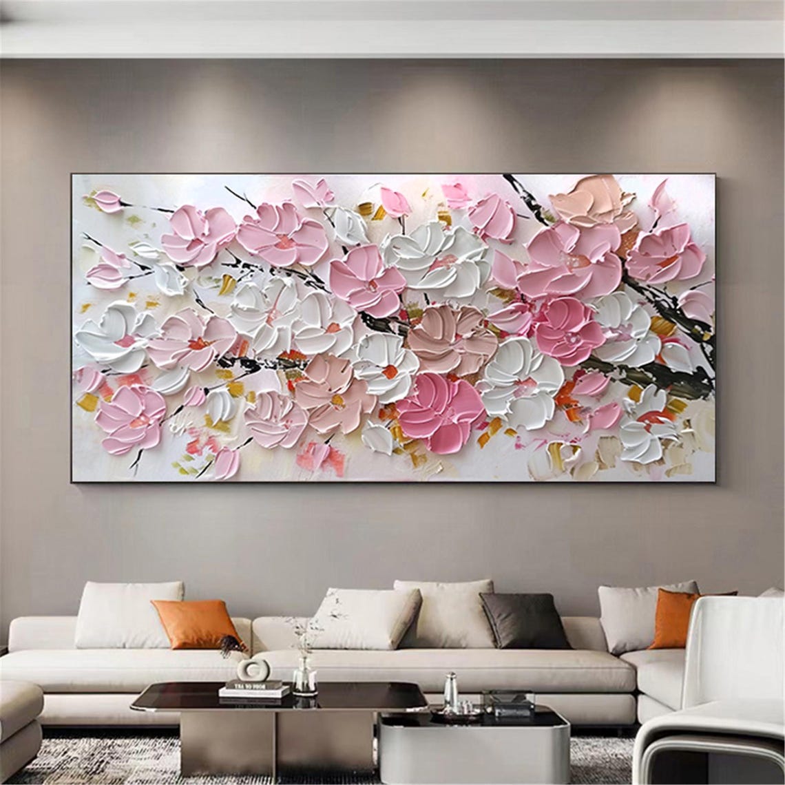 Pink White Cherry Blossom 3D Textured Floral Branch Painting Poster - Image 3