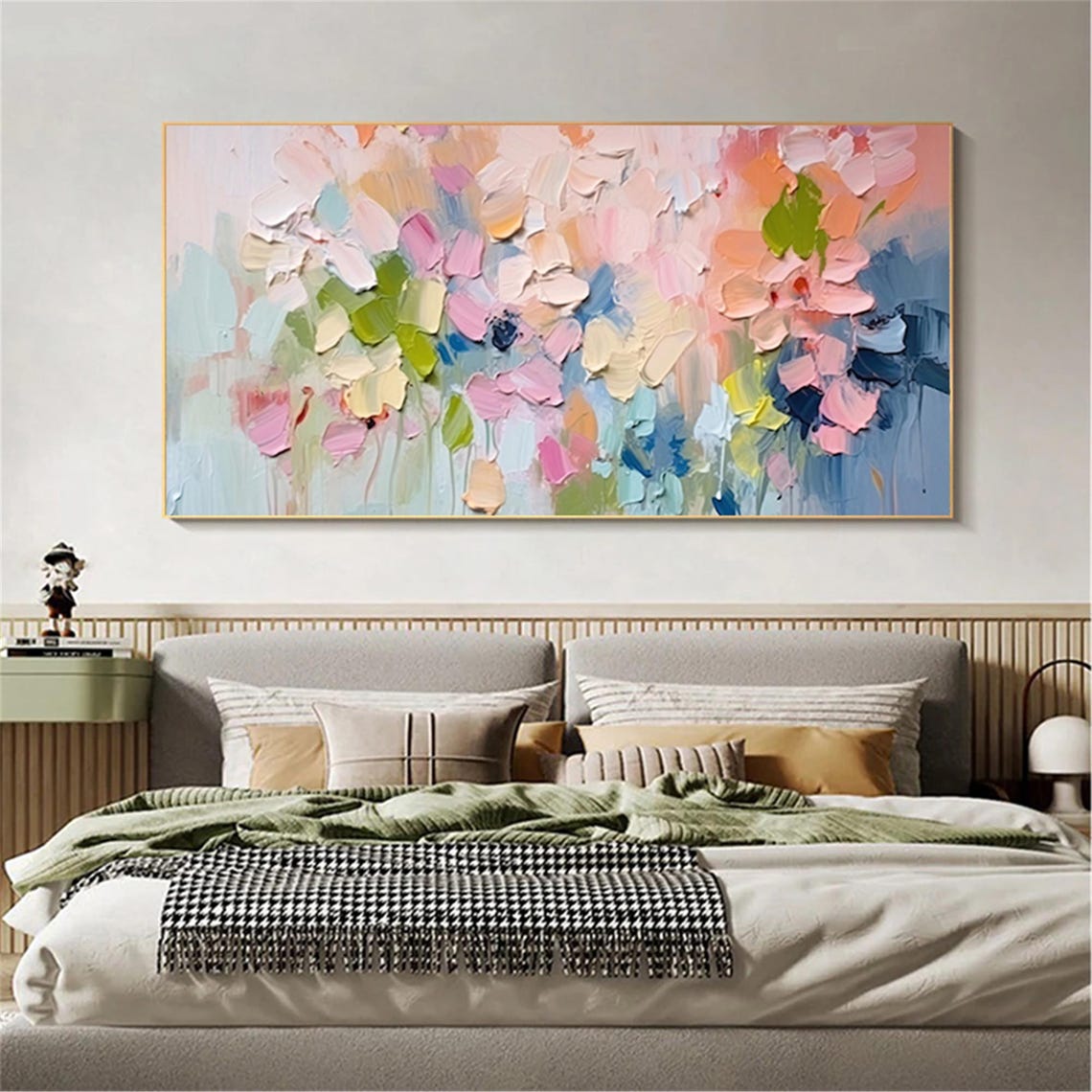 Coral Pink Blue Abstract Flowers Panoramic Modern Floral Wall Art - Image 4
