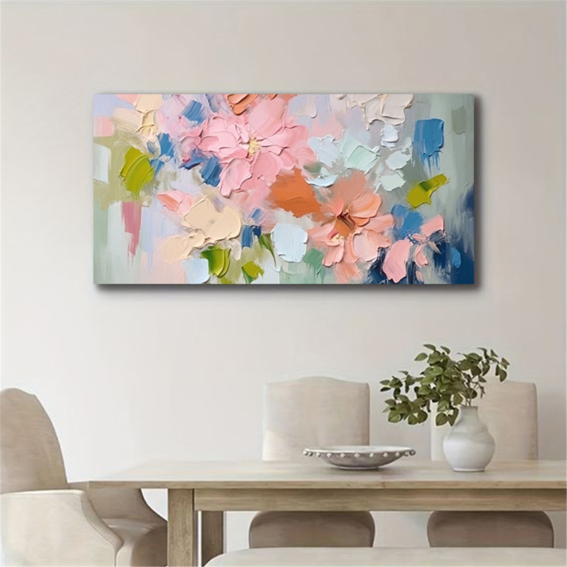 Pink Coral Blue Green Abstract Floral Panoramic Statement Wall Art - Image 2