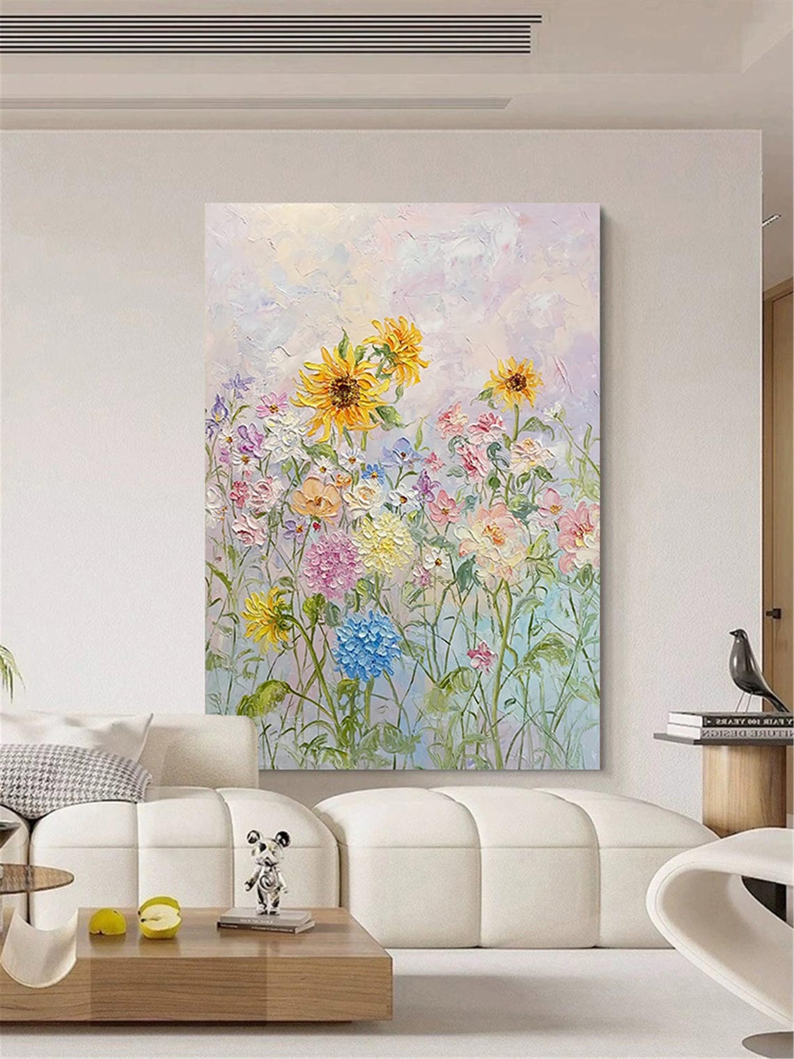 Sunflower Wildflower Meadow Pastel Vertical Garden Scene Wall Art - Image 3
