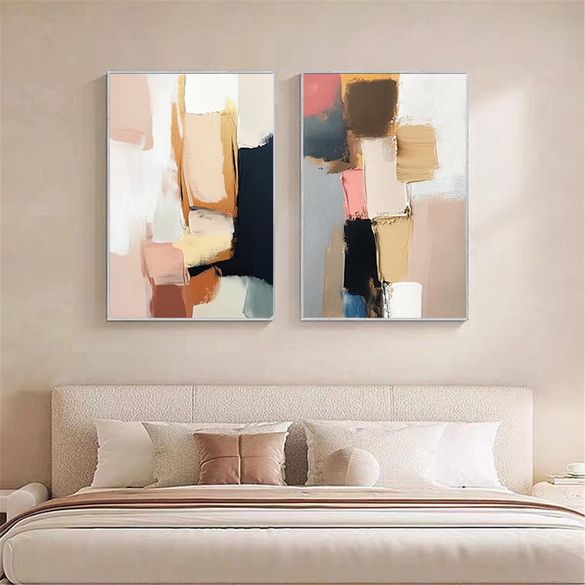 Two Piece Pink Black Gold Modern Abstract Pair Diptych Wall Art - Image 3