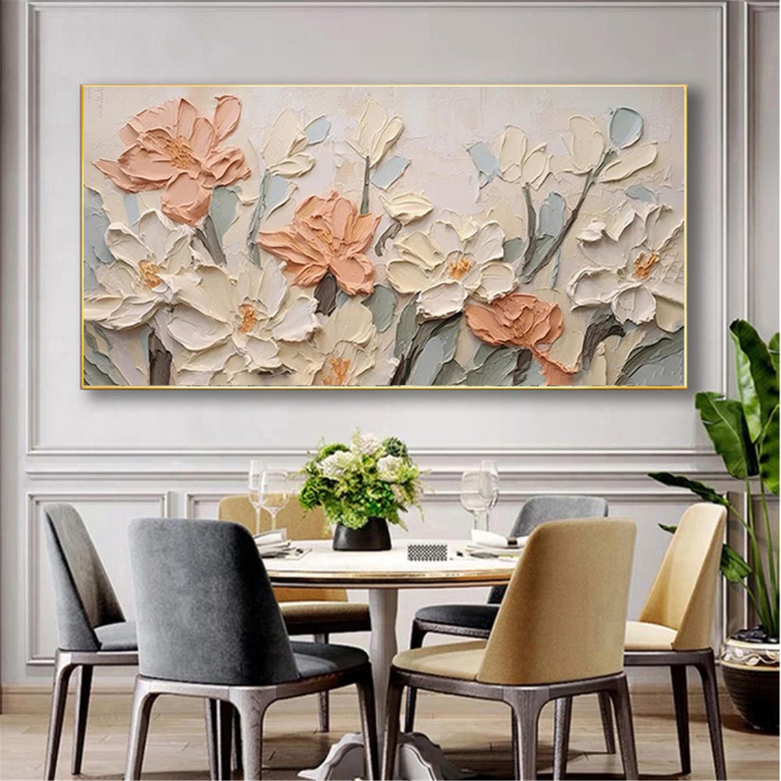 Neutral Cream Peach Large Bloom 3D Textured Floral Painting Poster - Image 3