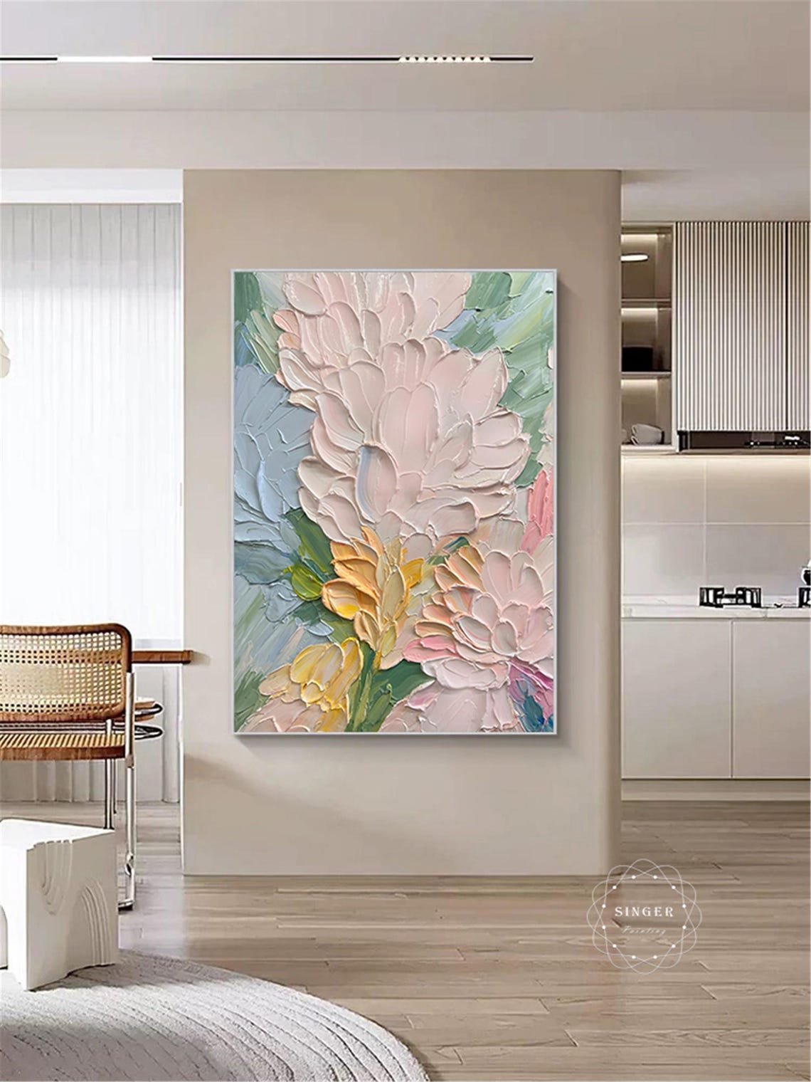 Tall White Pink Flower Teal Yellow Splash Vertical Statement Wall Art - Image 3