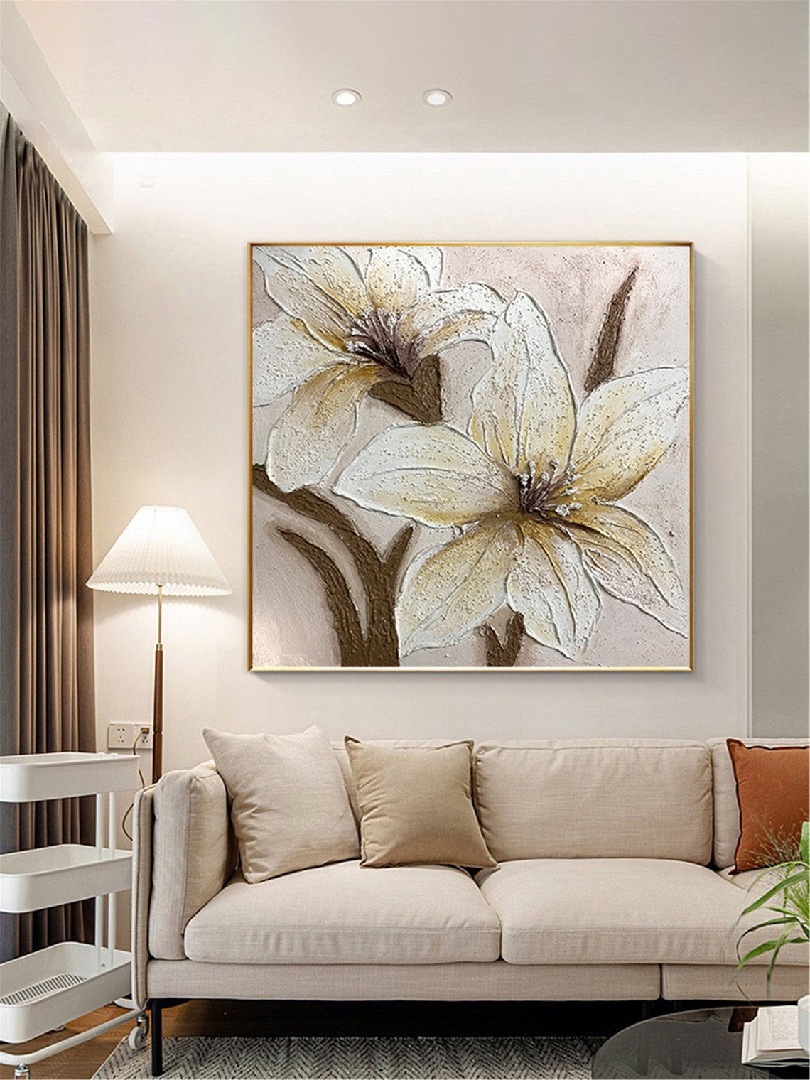 White Lilies 3D Textured Impasto Floral Painting Beige Canvas Poster - Image 3