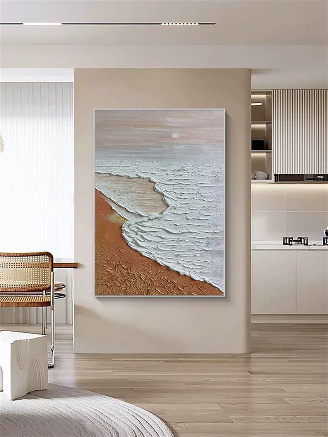 Ocean Waves Orange Sand 3D Textured Beach Painting Vertical Poster - Image 3