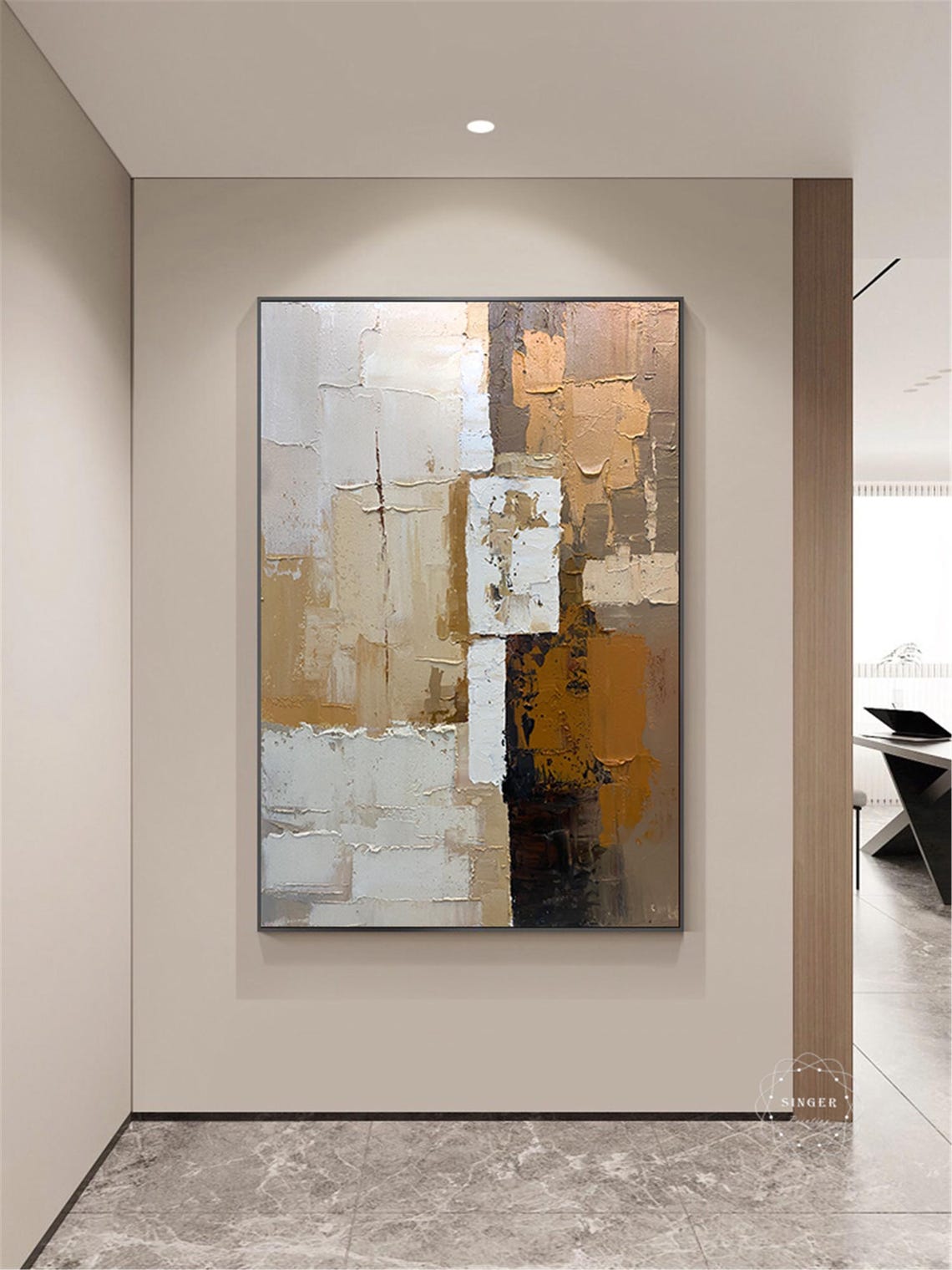 Geometric Blocks Abstract 3D Textured Painting Ochre Cream Wall Art - Image 4