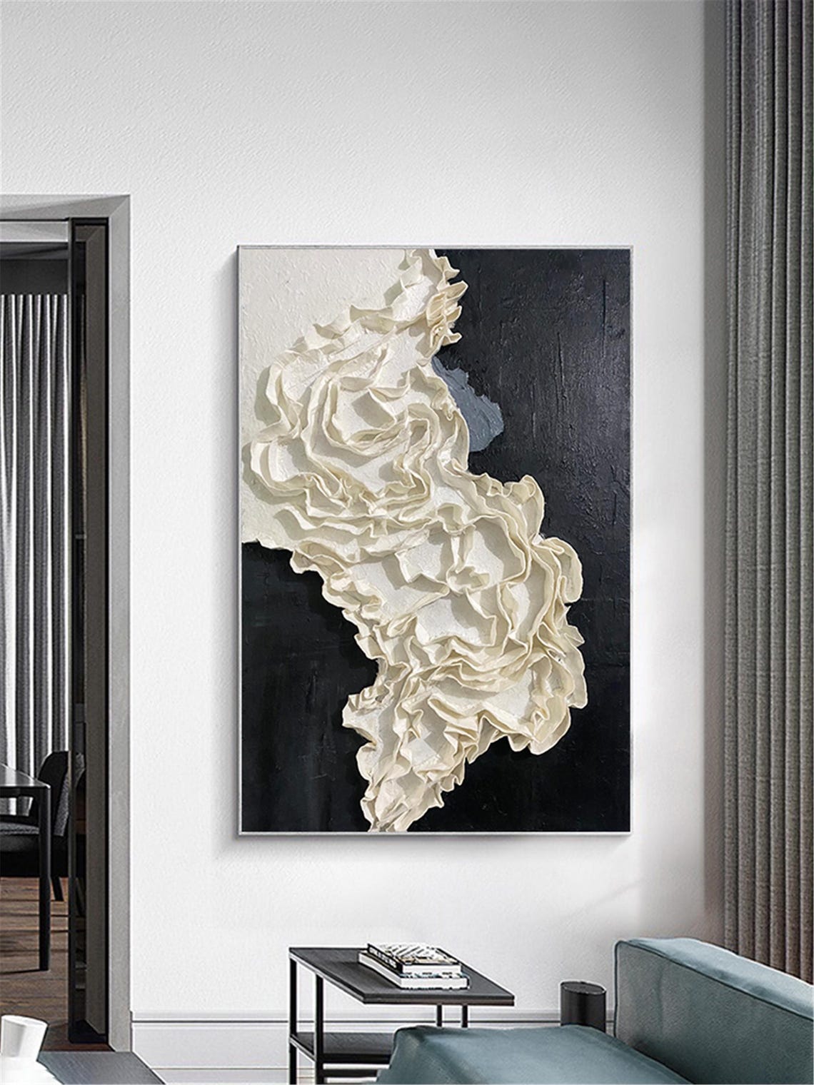 Ivory Ribbon Flow Abstract 3D Textured Painting Black Vertical Print - Image 3