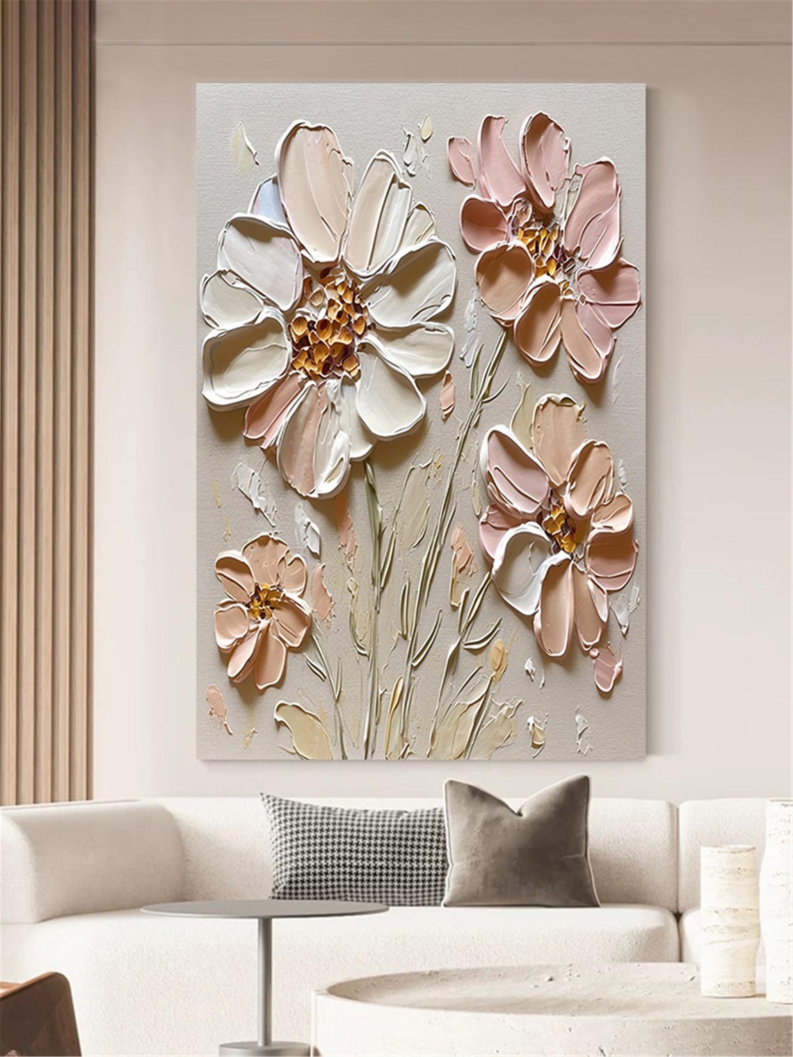 Oversized Pink Cream Bloom 3D Textured Floral Painting Poster - Image 3