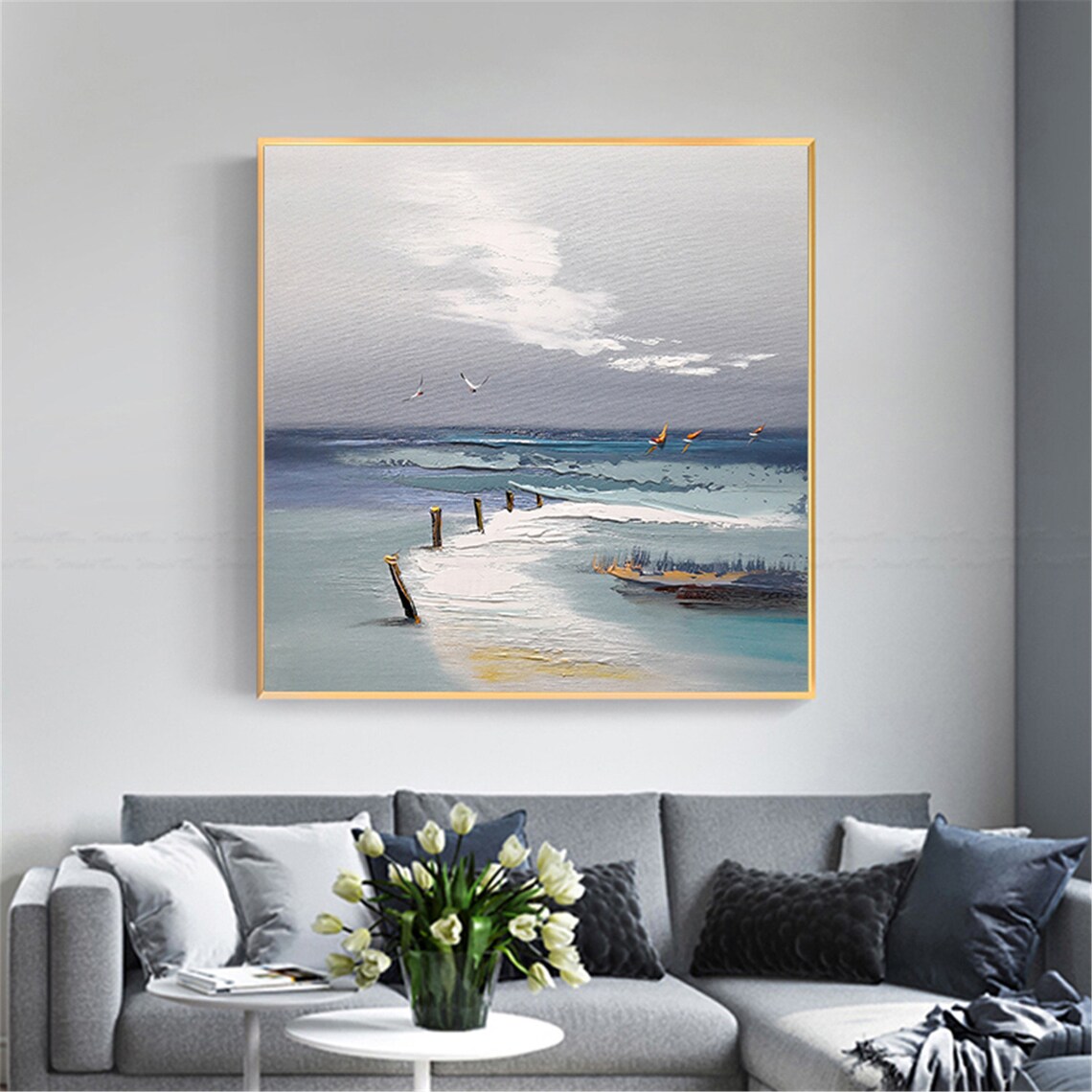 Abstract Blue Gray Acrylic Seascape Wall Art Print - Image 2