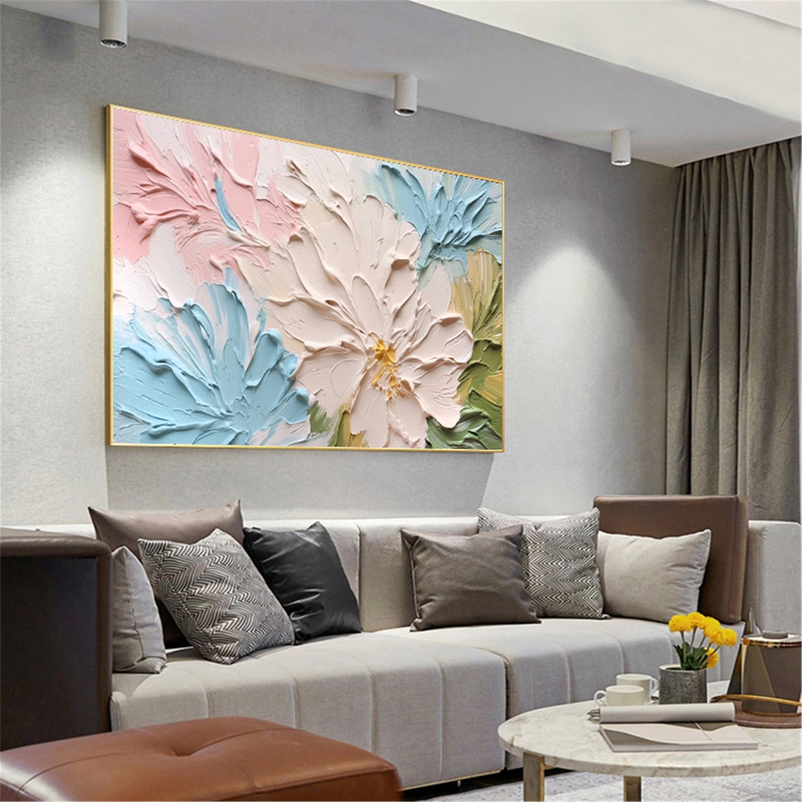 Pink Blue Floral Bloom 3D Textured Impasto Painting Panoramic Wall Art - Image 2