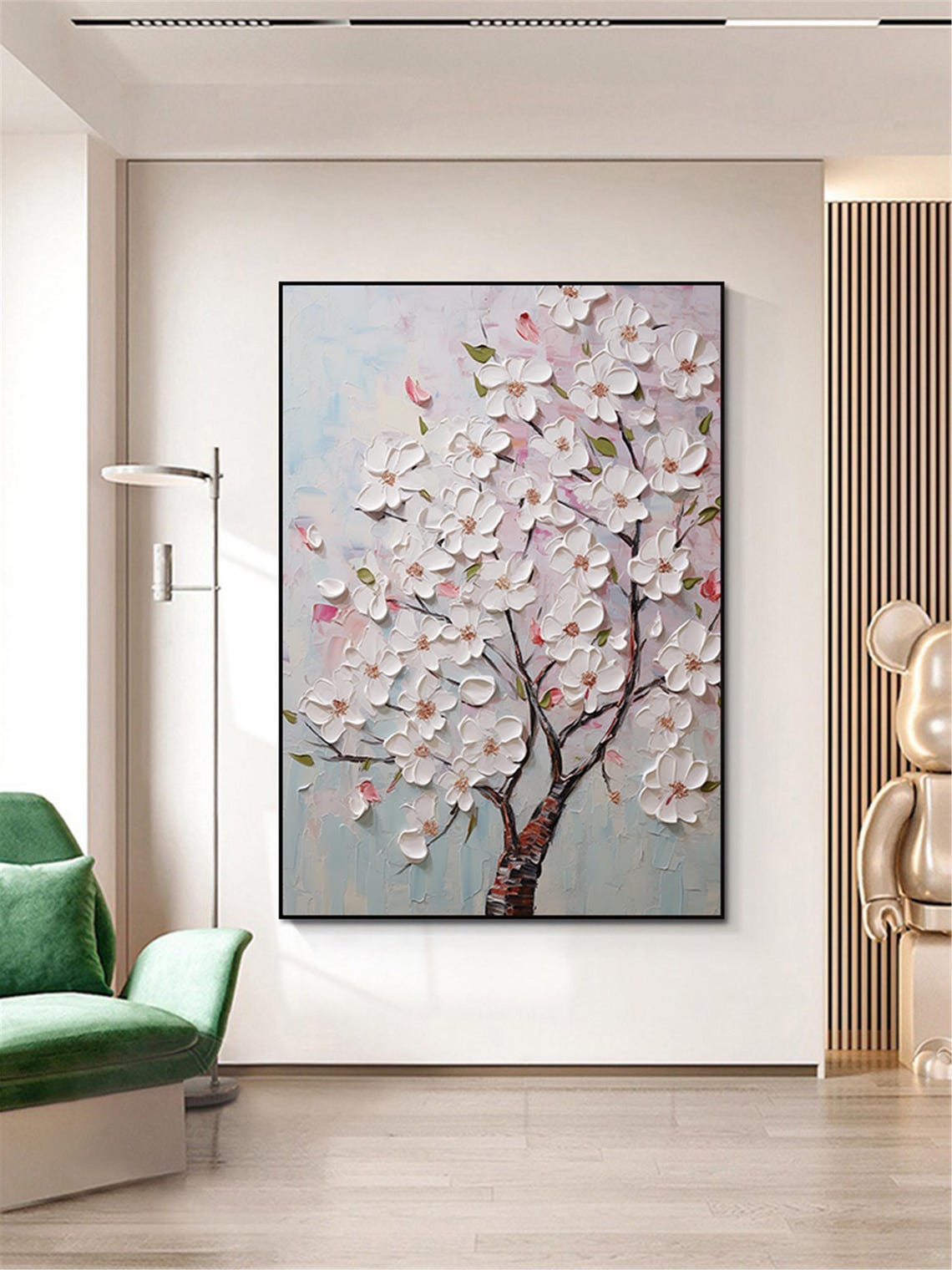 White Blossom Tree Branches Pale Blue Spring Floral Wall Art - Image 3