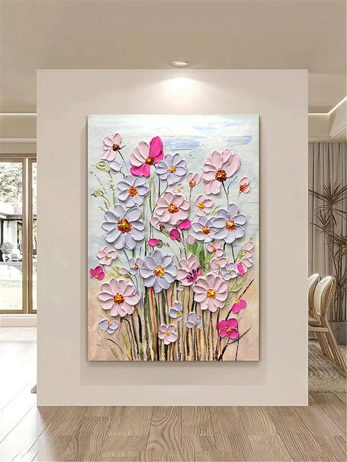 Textured Pink Lavender Cosmos Spring Painting Framed Floral Wall Art - Image 4