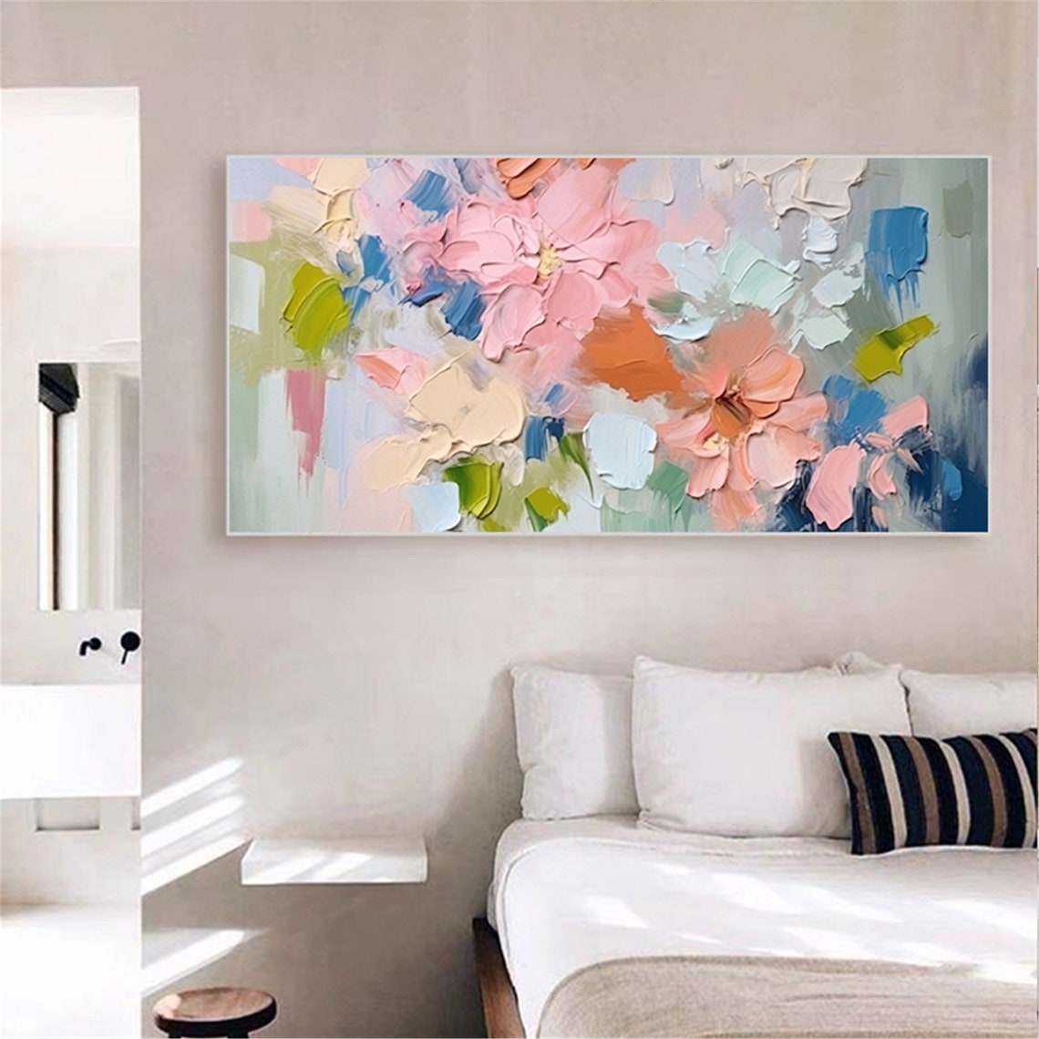 Pink Coral Blue Green Abstract Floral Panoramic Statement Wall Art - Image 4