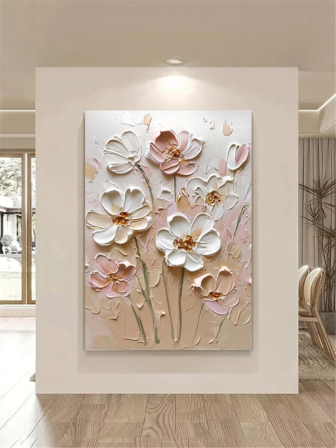 White Pink Bloom Neutral Beige 3D Textured Floral Painting Poster - Image 5