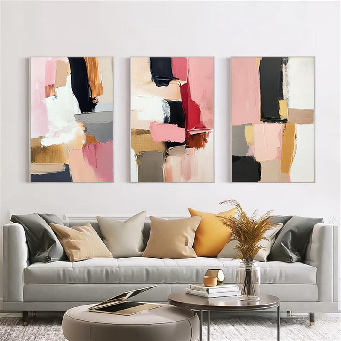 Three Piece Pink Black White Red Abstract Set Modern Triptych Wall Art - Image 4