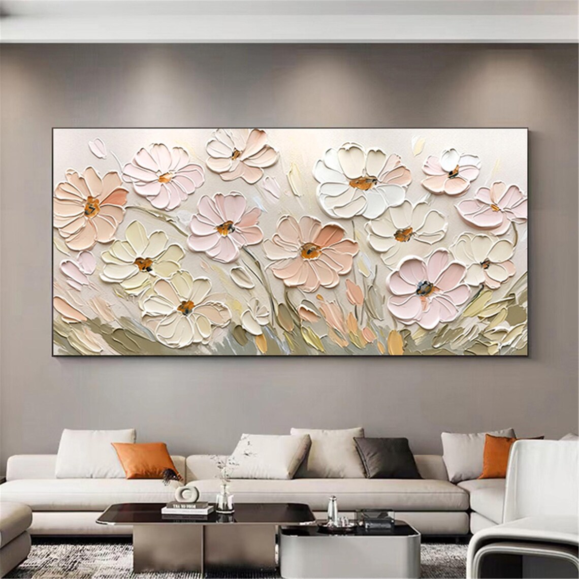 White Pink Cosmos Neutral Gray 3D Textured Floral Painting Poster - Image 5