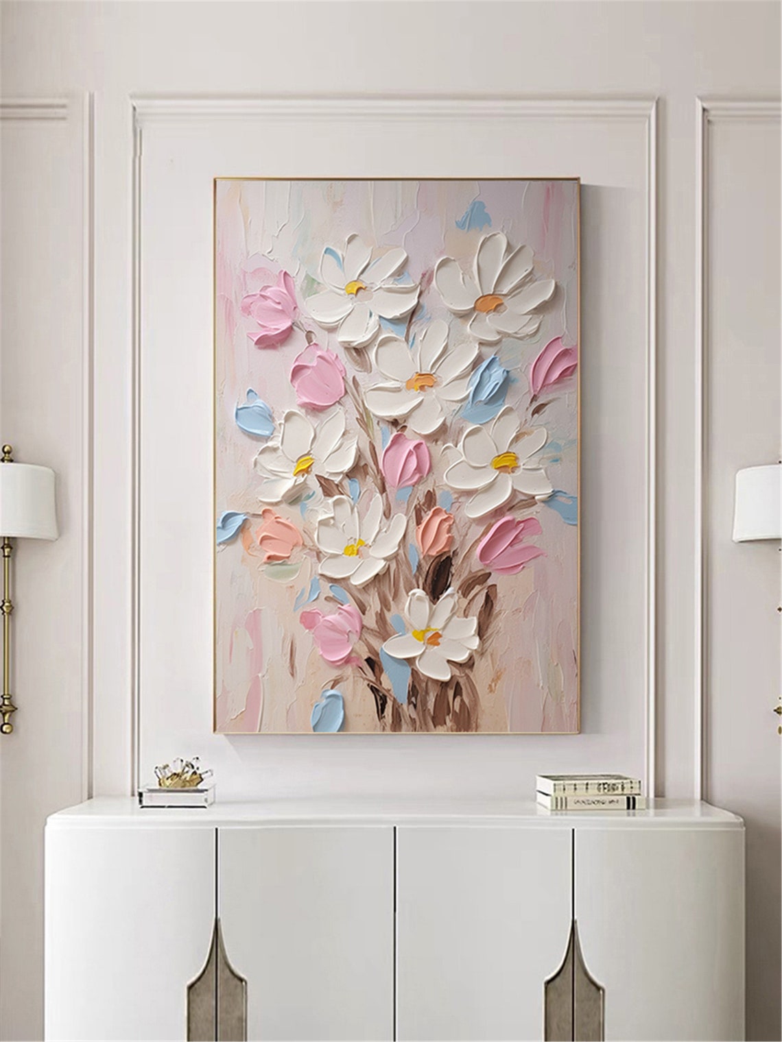 White Pink Daisy Bouquet Pale Blue Vertical Textured Flower Wall Art - Image 3