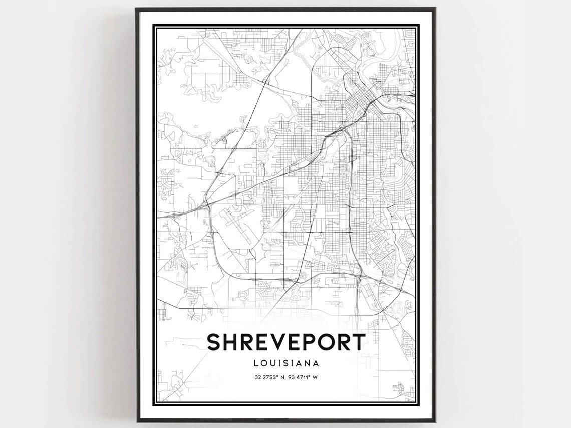 Shreveport Louisiana City Street Map Black and White Art Poster