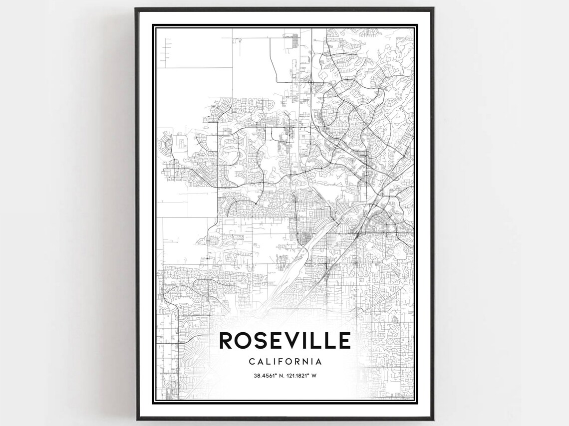 Roseville California Minimalist Black White City Street Map Poster