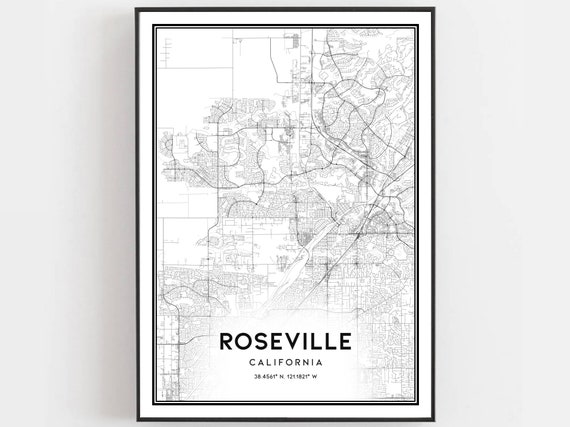 Roseville Map Print Poster Wall Art Ca City Street Decor Road Gift