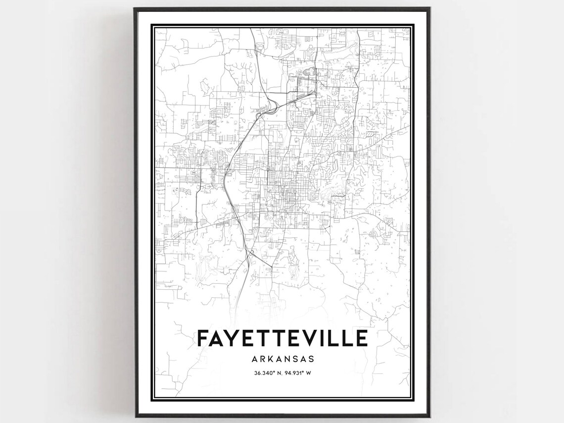 Fayetteville Map Poster Print, Arkansas Street Decor