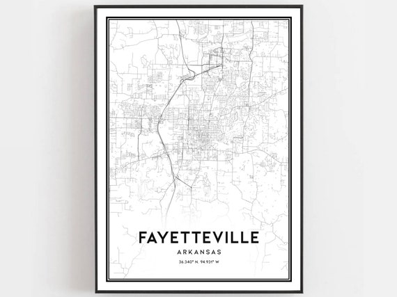 Fayetteville Map Poster Print, Arkansas Street Decor