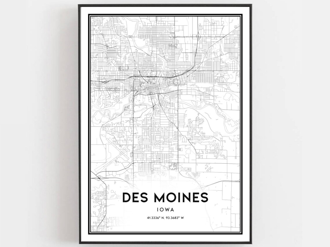 Des Moines Iowa Minimalist Black and White City Street Map Poster