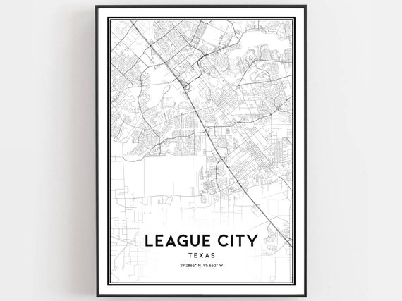 League City Map Print Poster Wall Art Tx Texas Street Decor Road Gift B860